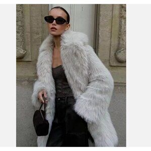 ZARA NEW WOMAN FAUX FUR COAT Fluffy Mid-length ECRU OFF-White XS M 6318/242